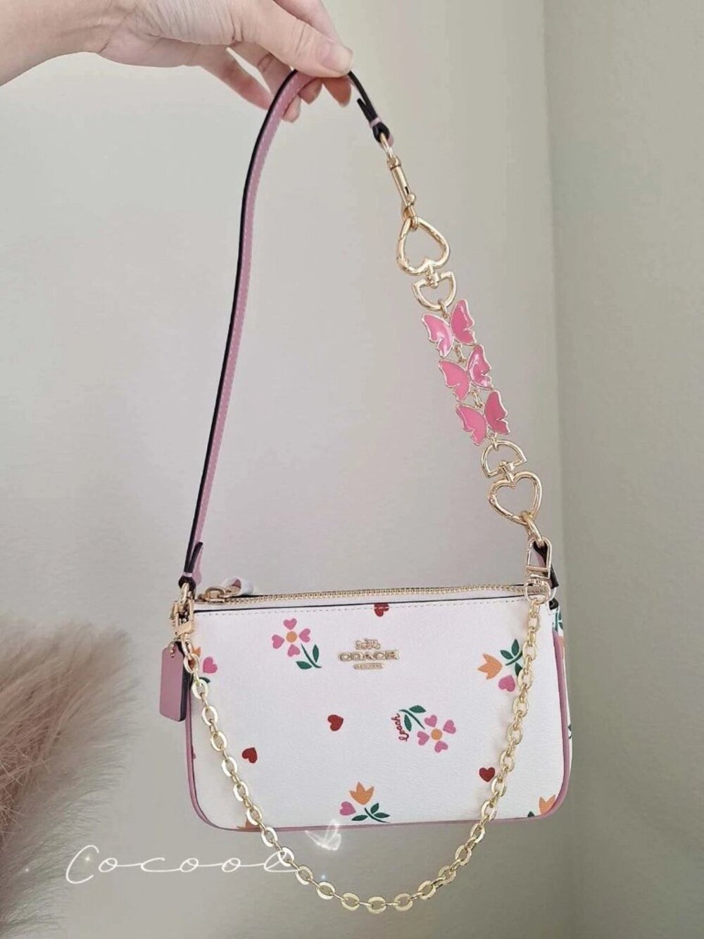 NWT Coach Nolita 19 In Signature Canvas With Heart Petal Print+ extended chains